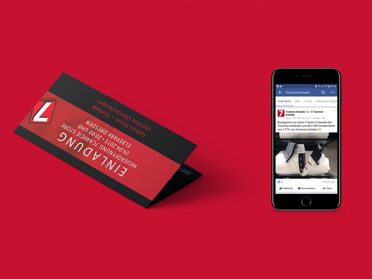 Printeinladungskarte und daneben Ein Handy auf dem ein Socialmediakanal einer Hemdenfirma zu sehen ist.