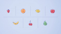 Illustrierte Früchte als Figuren mit kleinen Gesichtern.