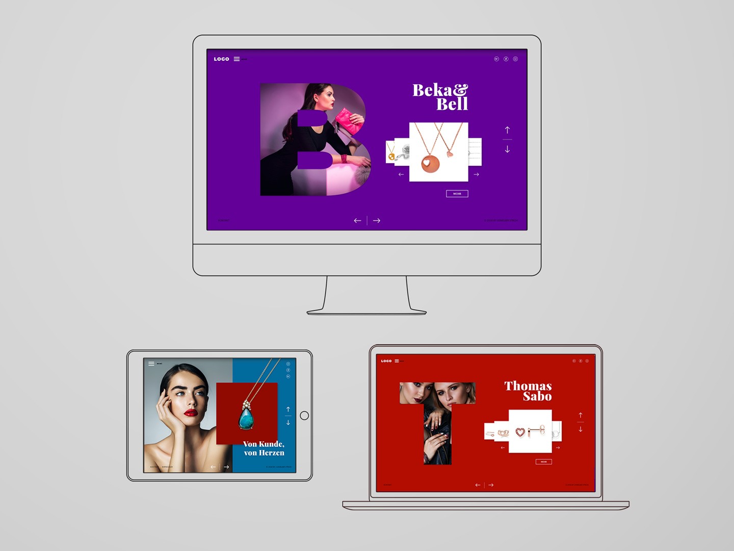 Lineare Darstellung von einem Monitor eine Tablet und einem Laptop, Auf den Bildschirmen sind verschiedene Ansichten von der gleichen Website zu sehen. Große einzelne Buchstaben, welche mit Fotos hinterlegt sind dominieren das Design. Verkauft wird Schmuck auf der Website. Frauenmodels und einfarbige Flächen geben der Website ihren modernen Stil.
