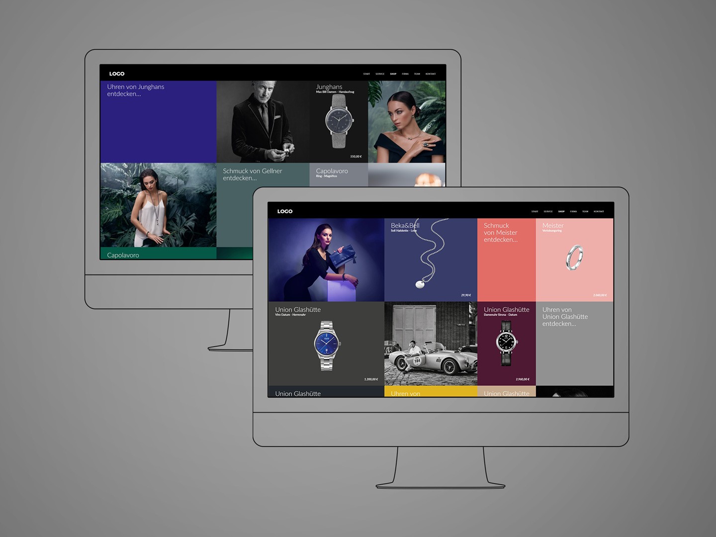 Zwei sich überlappende lineare Monitore. Auf den Monitoren ist ein moderner Onlineshop eines Juweliers zu sehn. Uhren Ringe und Ketten heben sich kontrastreich von farbigen Flächen ab. Die Flächen sind dabei nicht gleichgroß und werden durch modische Fotos aufgebrochen.