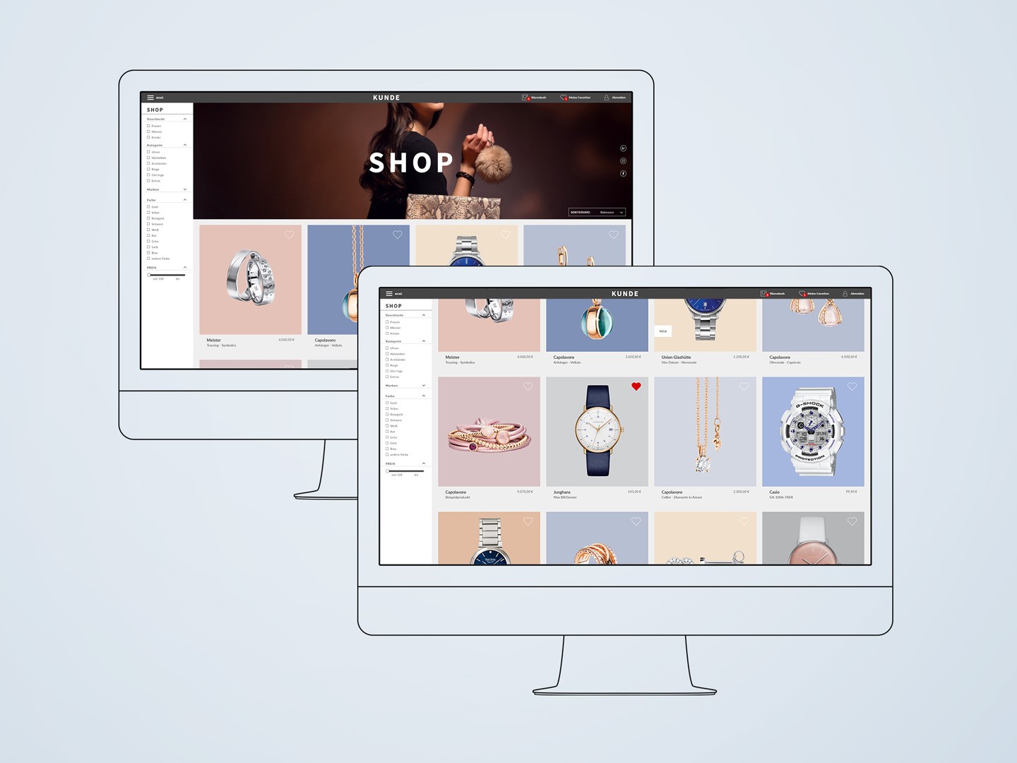 Zwei sich überlappende lineare Monitore. Auf den Monitoren ist ein moderner Onlineshop eines Juweliers zu sehn. Uhren Ringe und Ketten heben sich kontrastreich von farbigen Flächen ab. Der Aufbau ist sehr klassisch. Links sind Filter zu sehn. Hier kann der Schmuck nach Farbe, Marke usw. sortiert werden.